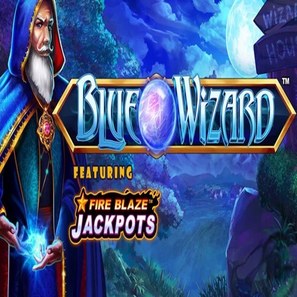Blue Wizard Fire Blaze Jackpots online game logo by Rarestone Gaming on spinssahara.com