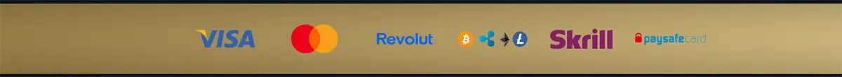 Payments strip showing Visa, Mastercard, Revolut, crypto icons (Bitcoin, Ripple, Ethereum, Litecoin), Skrill, and paysafecard logos on a gold-gradient background.