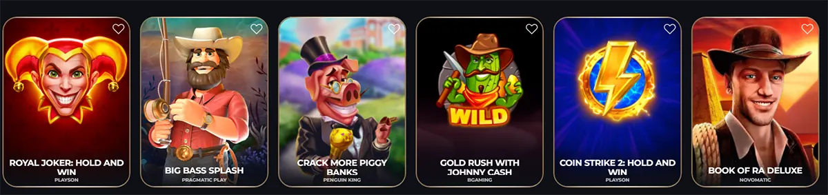 Slot game carousel showing six thumbnails—Royal Joker: Hold and Win, Big Bass Splash, Crack More Piggy Banks, Gold Rush with Johnny Cash, Coin Strike 2: Hold and Win, and Book of Ra Deluxe—each with a small heart icon in the corner.