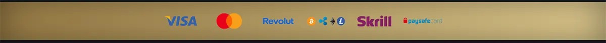 Payments strip showing Visa, Mastercard, Revolut, crypto icons (Bitcoin, Ripple, Ethereum, Litecoin), Skrill, and paysafecard logos on a gold-gradient background.
