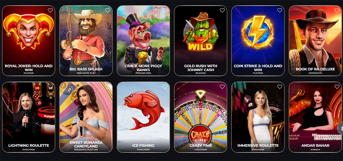 Casino game grid showing 12 tiles, including slots (Royal Joker, Big Bass Splash, Crack More Piggy Banks, Gold Rush with Johnny Cash, Coin Strike 2, Book of Ra Deluxe) and live games (Lightning Roulette, Sweet Bonanza CandyLand, Ice Fishing, Crazy Time, Immersive Roulette, Andar Bahar), each with a heart icon.