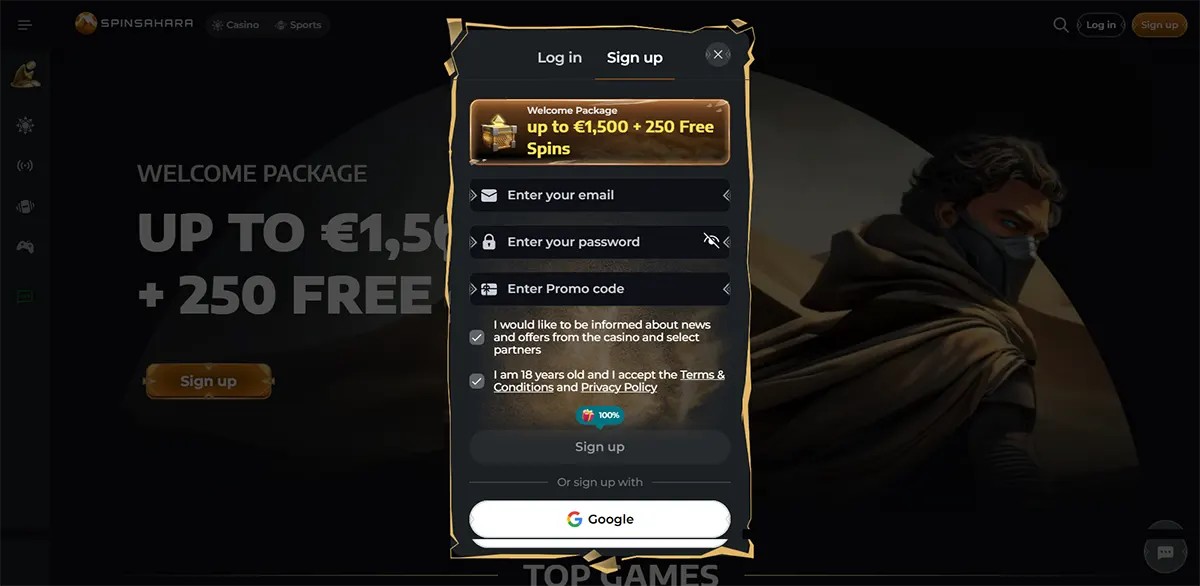 Spinsahara casino page with a centered sign-up pop-up advertising “Welcome Package up to €1,500 + 250 Free Spins,” showing email, password and promo code fields, consent checkboxes, a “Sign up” button, and Google registration over a dark desert-themed background.