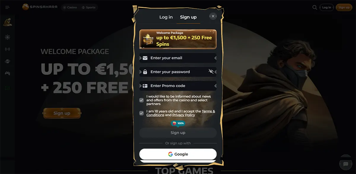 Spinsahara casino page with a centered sign-up pop-up advertising “Welcome Package up to €1,500 + 250 Free Spins,” showing email, password and promo code fields, consent checkboxes, a “Sign up” button, and Google registration over a dark desert-themed background.
