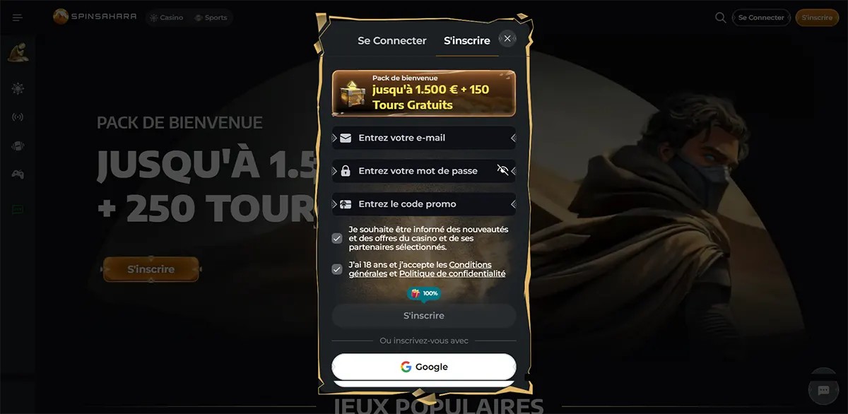 Spinsahara casino page with a French sign-up pop-up offering a welcome pack “jusqu’à 1.500 € + 150 tours gratuits,” showing email, password and promo code fields, consent checkboxes, a “S’inscrire” button, and Google sign-up over a dark desert-themed background.